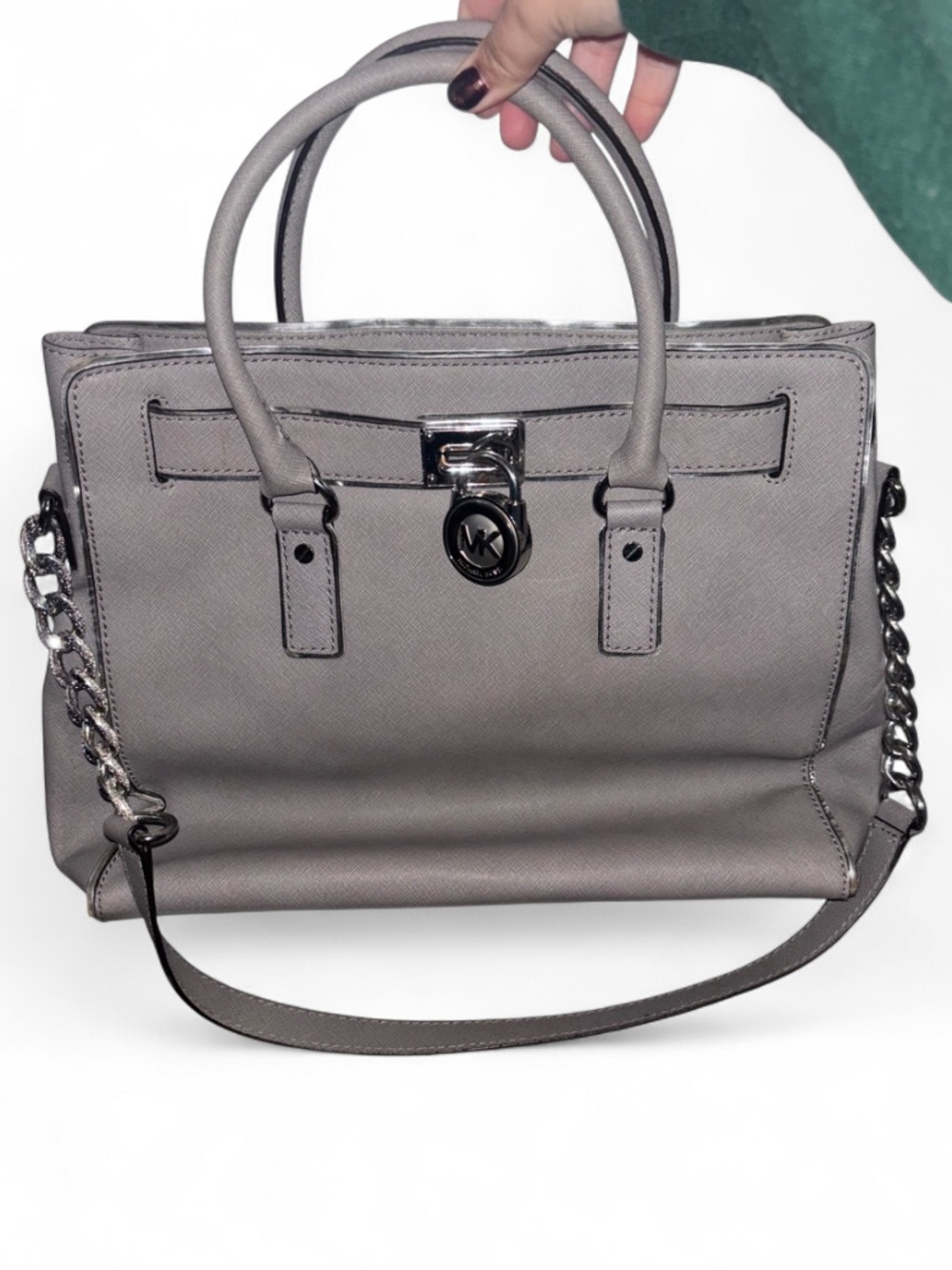 Michael Kors Pearl Gray Y2K Style Hamilton Satchel Tote w Silver Tone Hardware